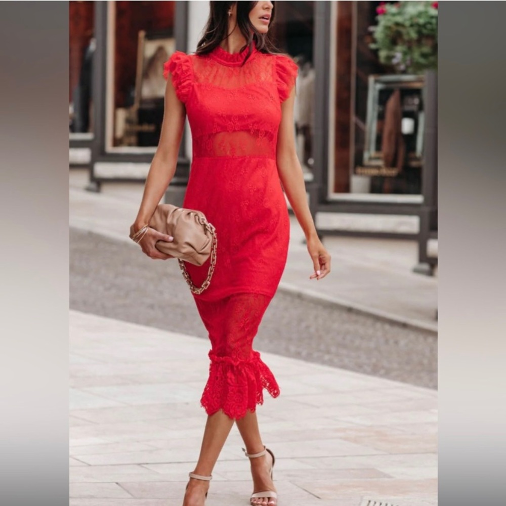 VICI Saige Sheer Lace Midi Dress - Red